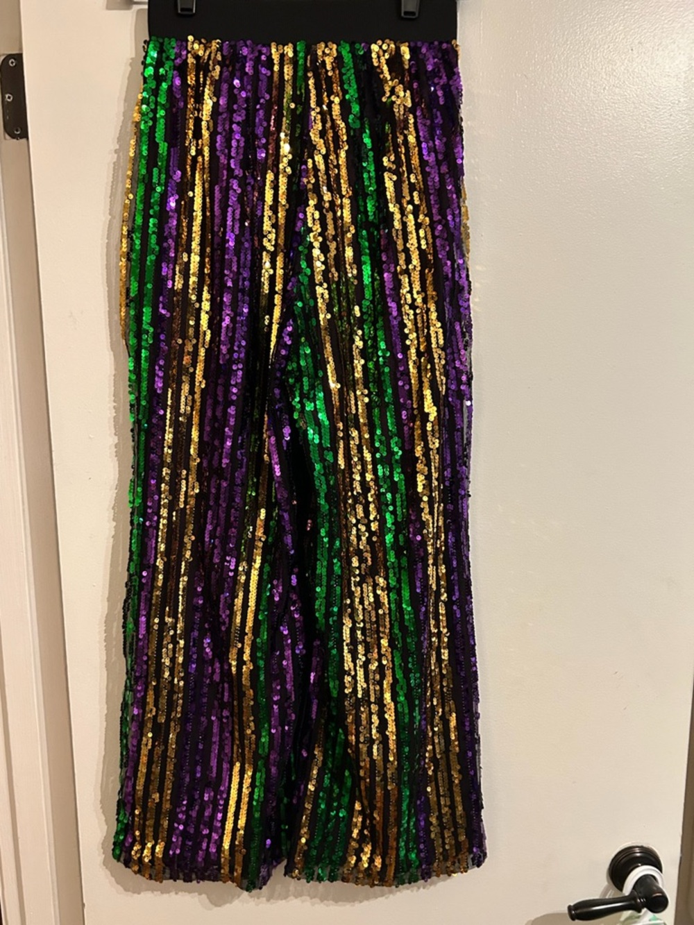Sequined Mardi Gras Stripe Wide-Leg Pants - Purple, Green & Gold - Picture 2 of 5